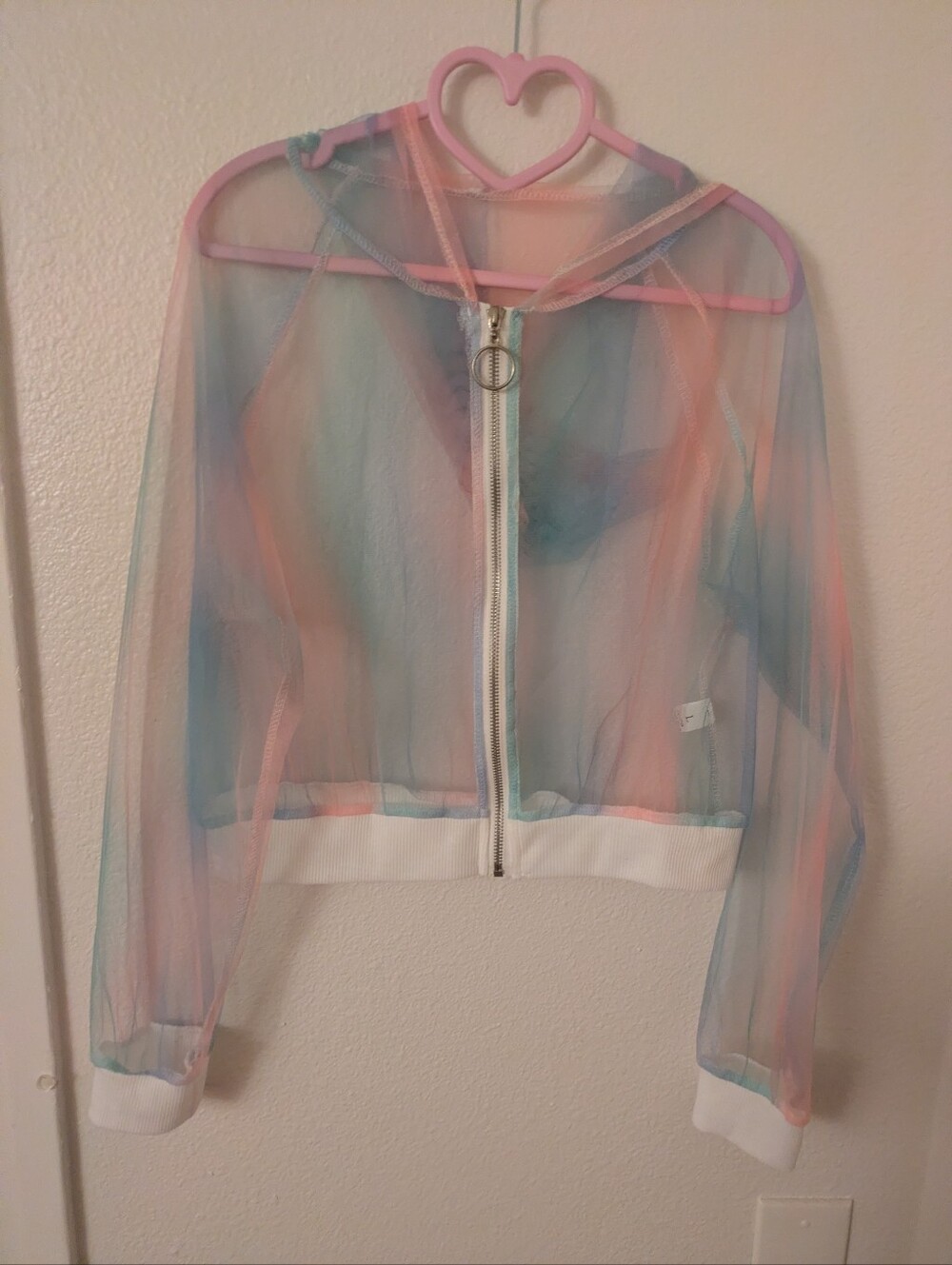 Rainbow Mesh Cropped Hoodie Size Large Pink And Blue Sheer Jacket